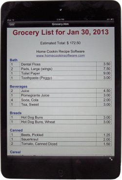 Home Cookin grocery list on the iPad mini