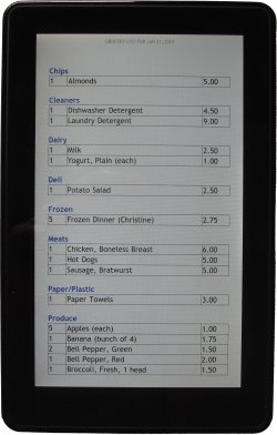 Home Cookin grocery list on the Kindle Fire