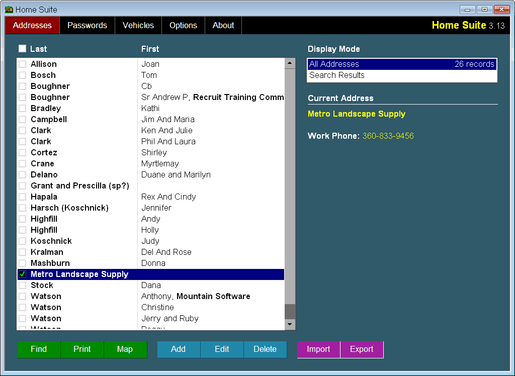 Home Suite address book, password manager, and car records log book