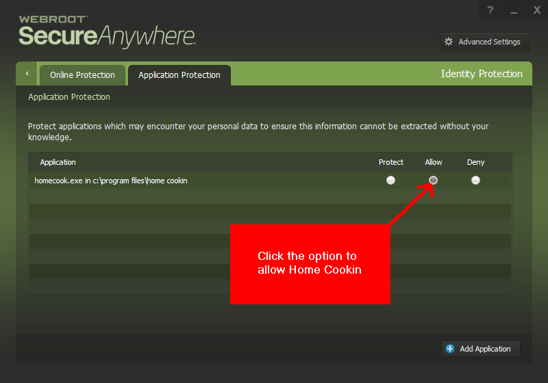Webroot allow application setting