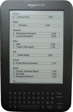 Home Cookin grocery list on the Kindle eReader