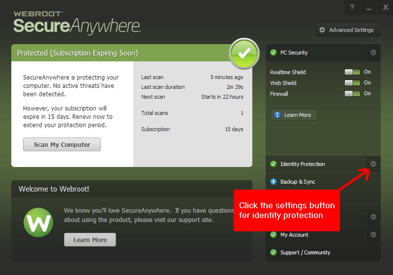 Webroot antivirus opening screen